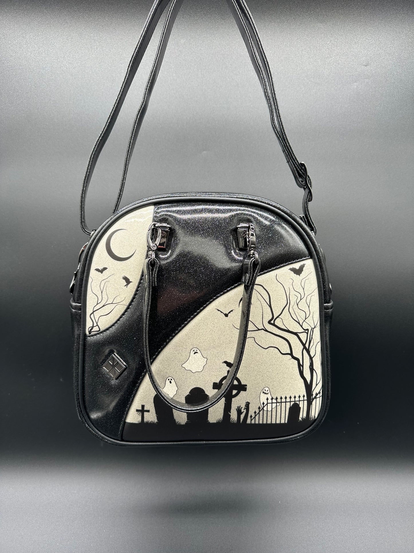 Mini Bopper Spooky Graveyard Bag - Black & White Glitter Vinyl