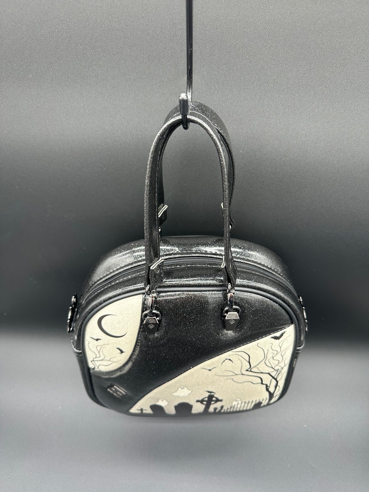 Mini Bopper Spooky Graveyard Bag - Black & White Glitter Vinyl