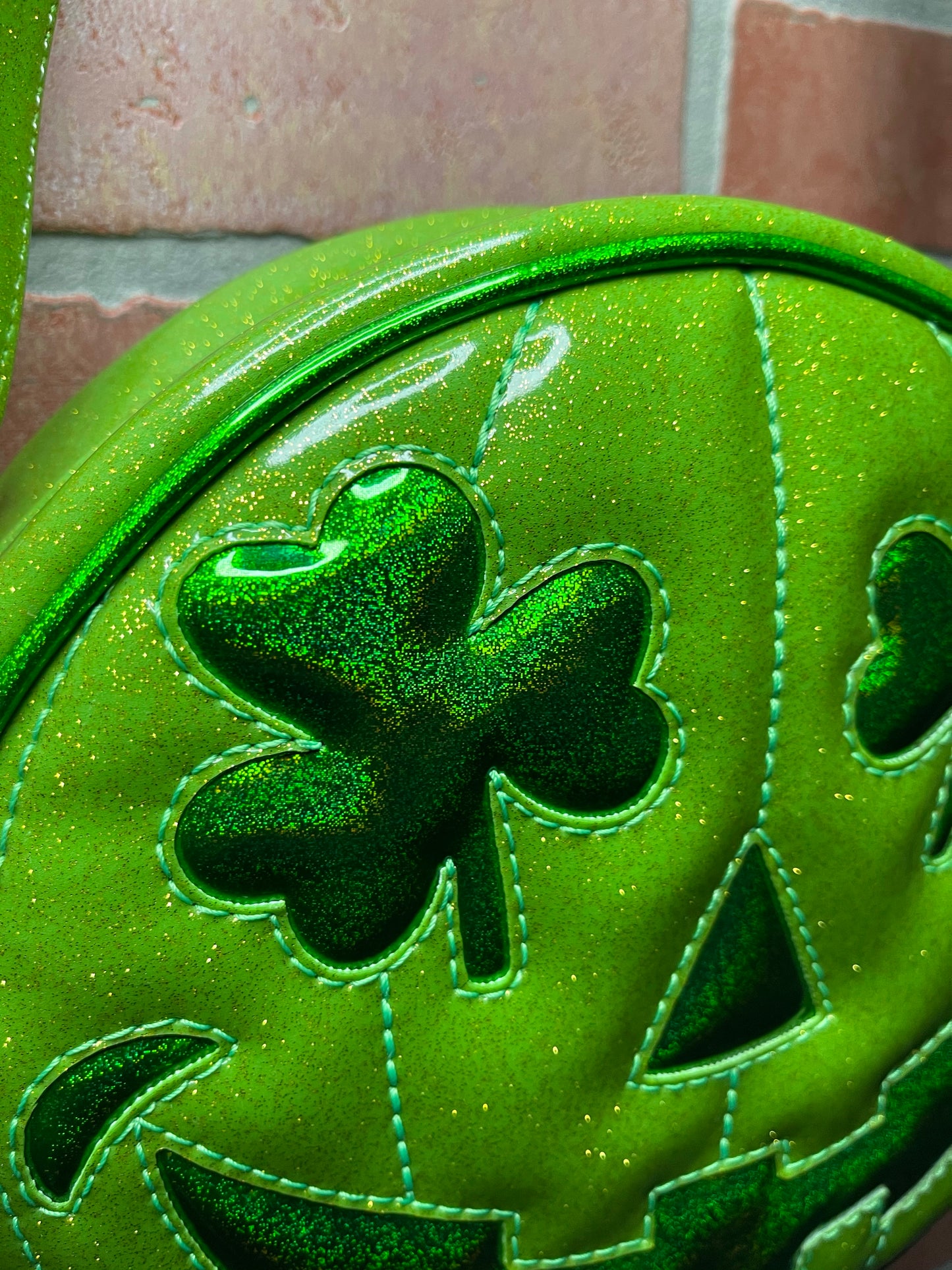 Lime Green Glitter and Emerald Green Holo Glitter Shamrock Patty O'Lantern Mini Cruiser Bag