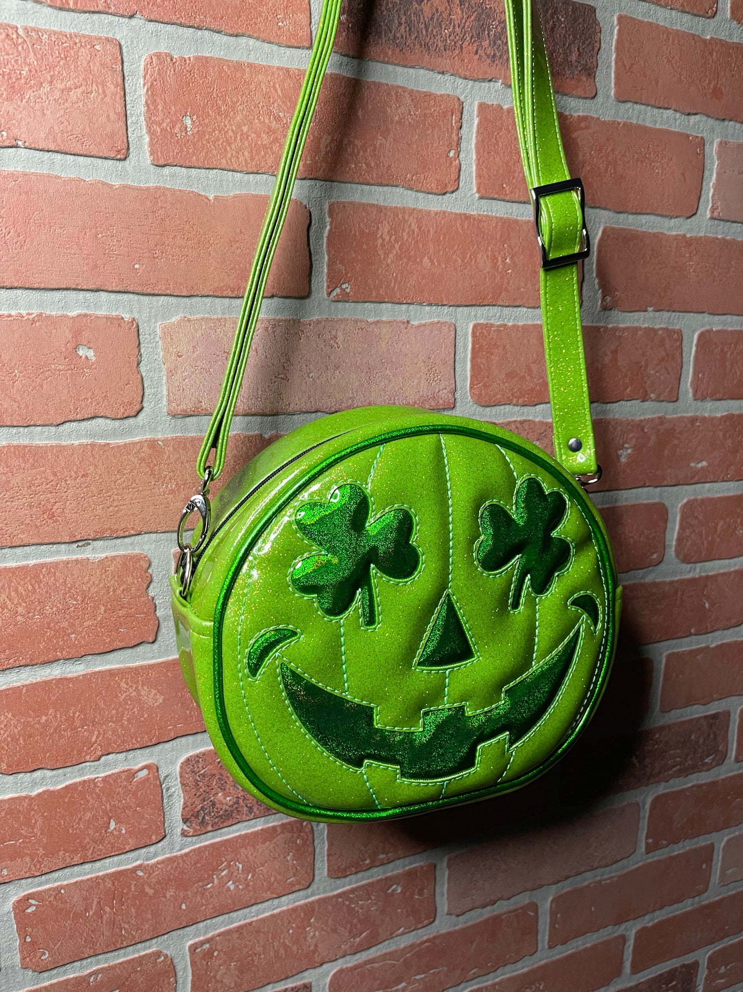 Lime Green Glitter and Emerald Green Holo Glitter Shamrock Patty O'Lantern Mini Cruiser Bag