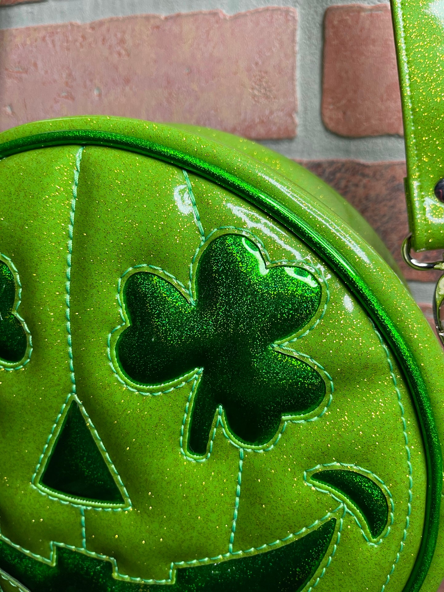 Lime Green Glitter and Emerald Green Holo Glitter Shamrock Patty O'Lantern Mini Cruiser Bag