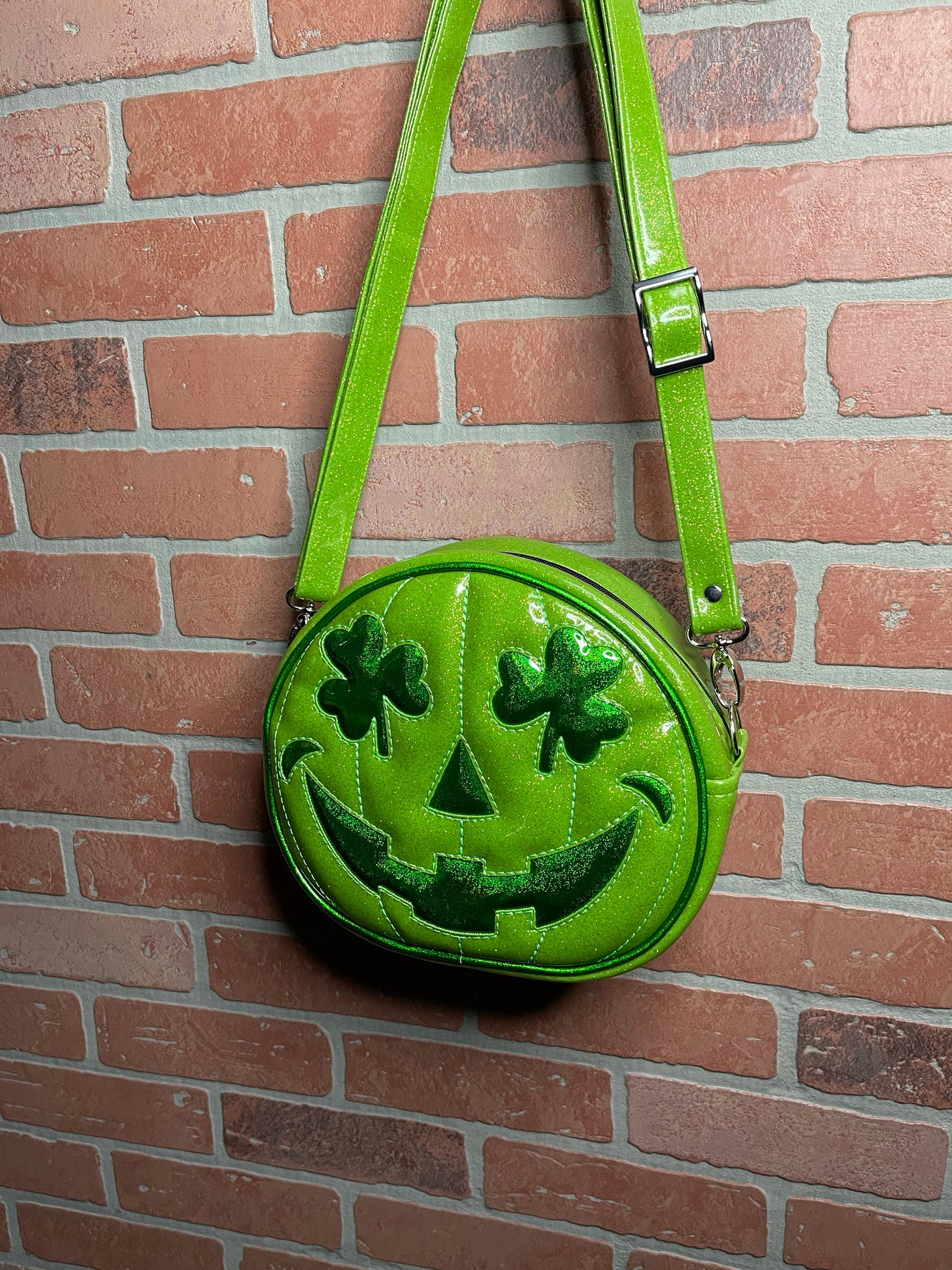 Lime Green Glitter and Emerald Green Holo Glitter Shamrock Patty O'Lantern Mini Cruiser Bag
