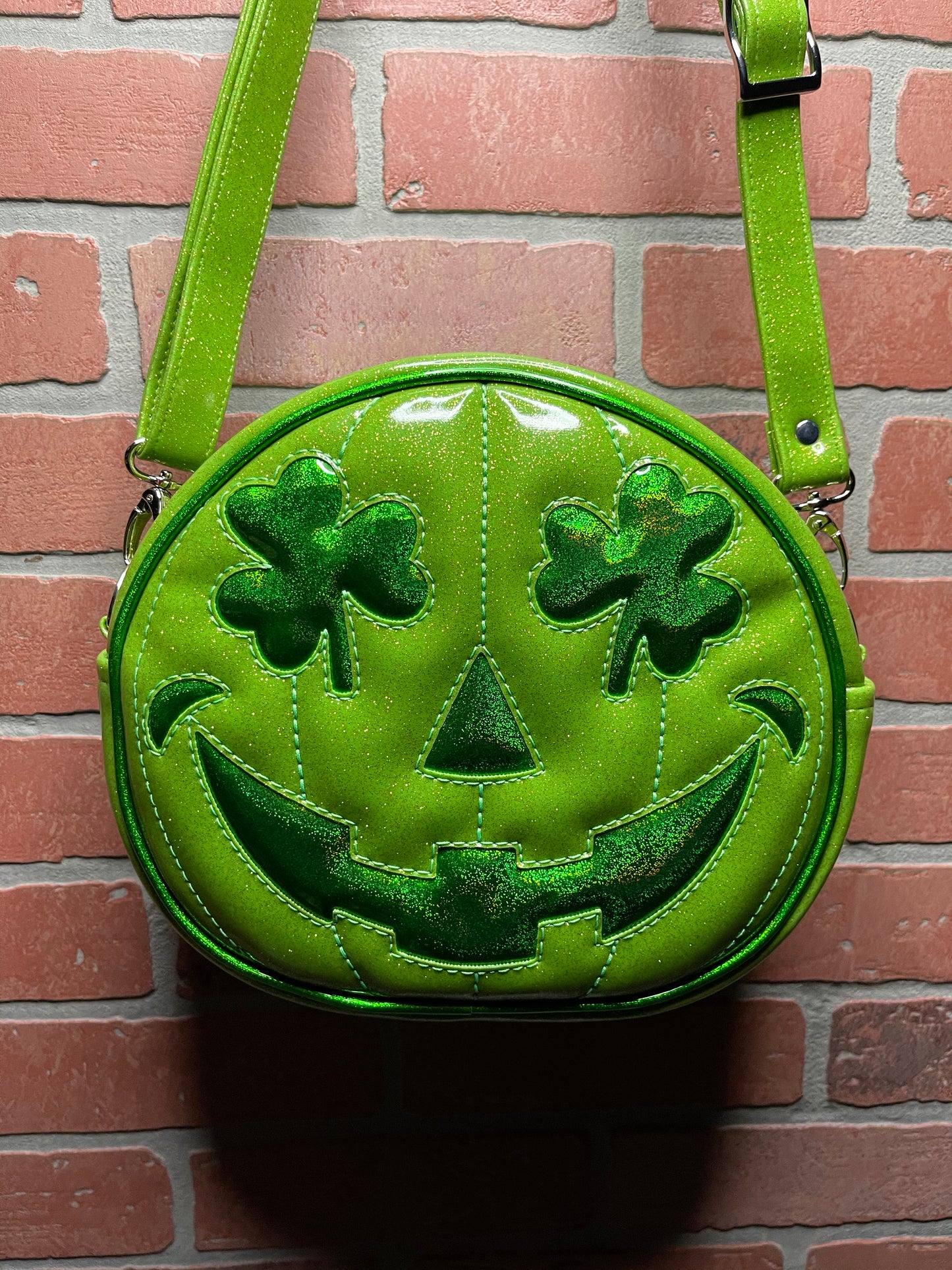 Lime Green Glitter and Emerald Green Holo Glitter Shamrock Patty O'Lantern Mini Cruiser Bag