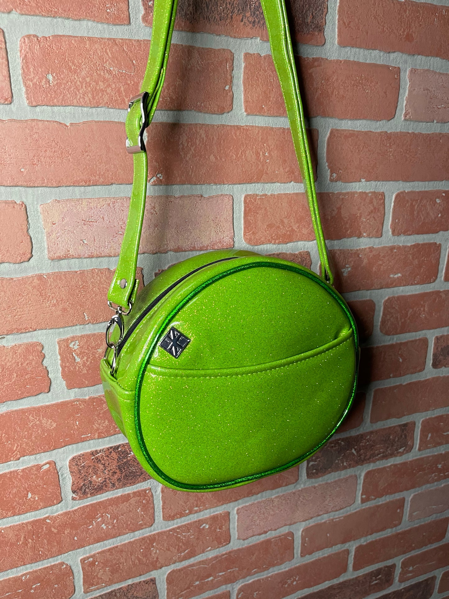Lime Green Glitter and Emerald Green Holo Glitter Shamrock Patty O'Lantern Mini Cruiser Bag