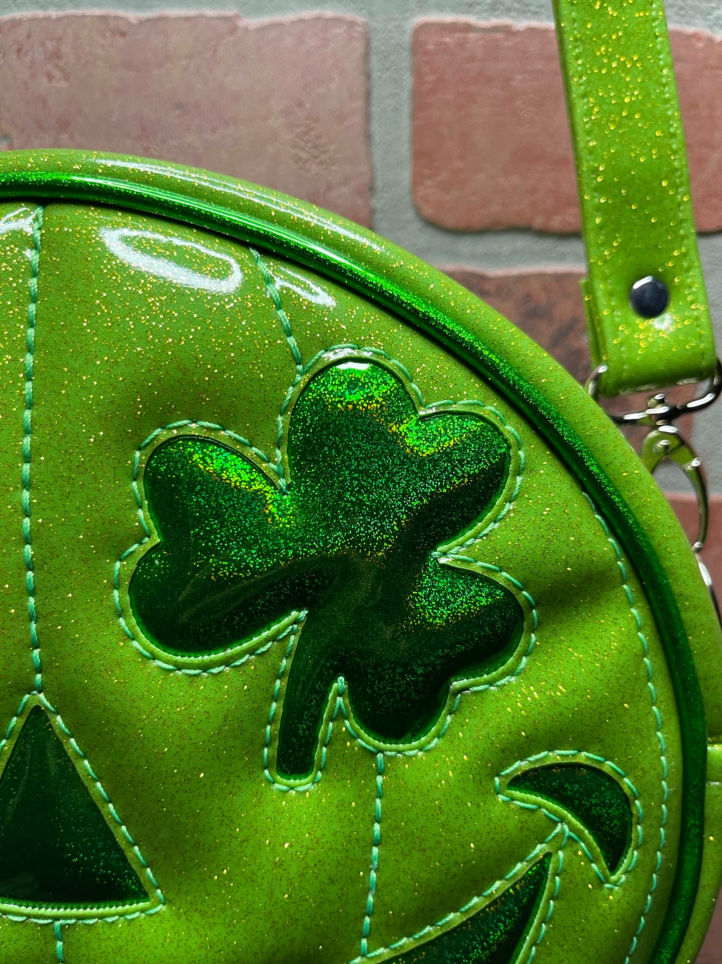 Lime Green Glitter and Emerald Green Holo Glitter Shamrock Patty O'Lantern Mini Cruiser Bag