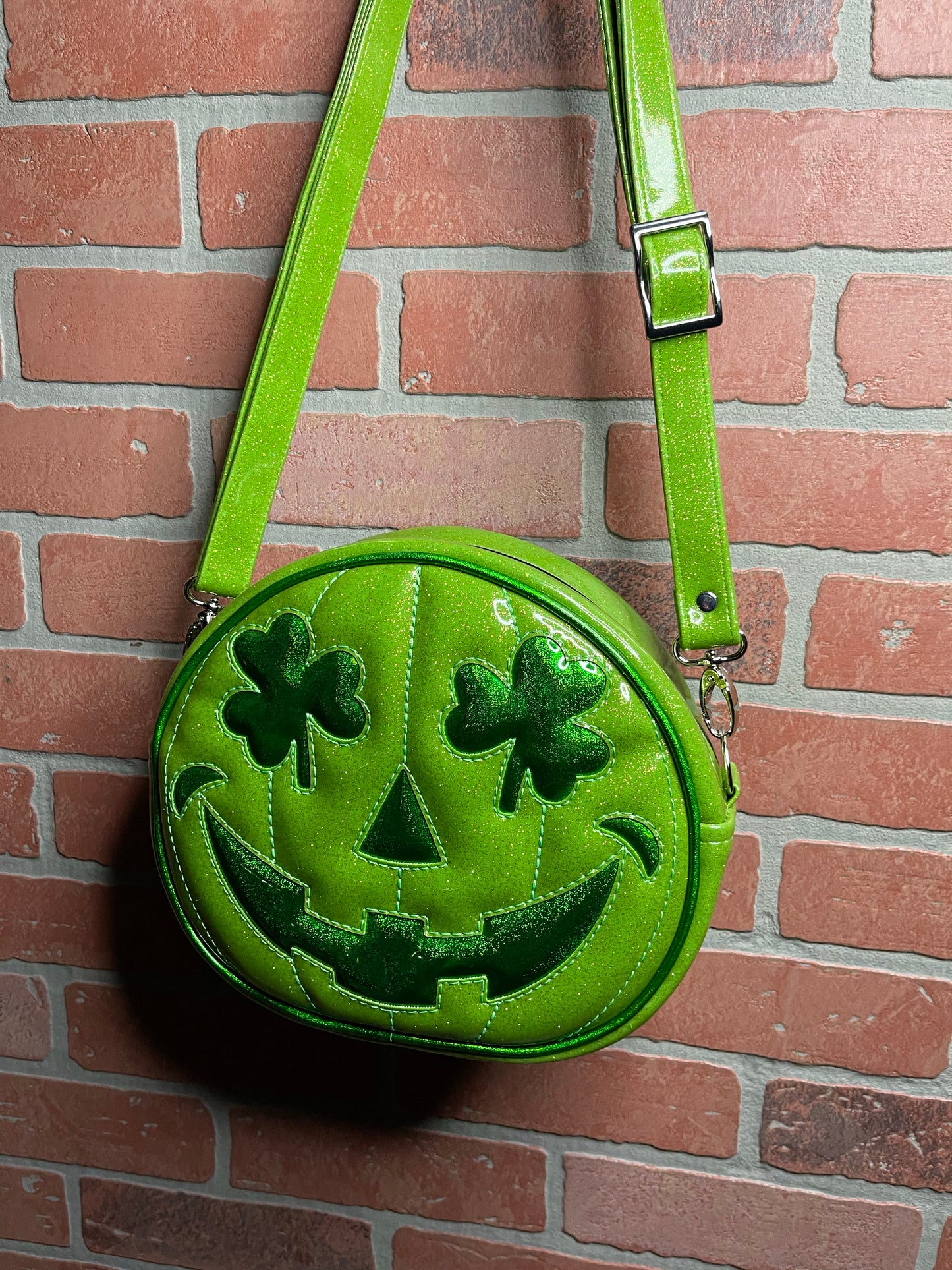 Lime Green Glitter and Emerald Green Holo Glitter Shamrock Patty O'Lantern Mini Cruiser Bag