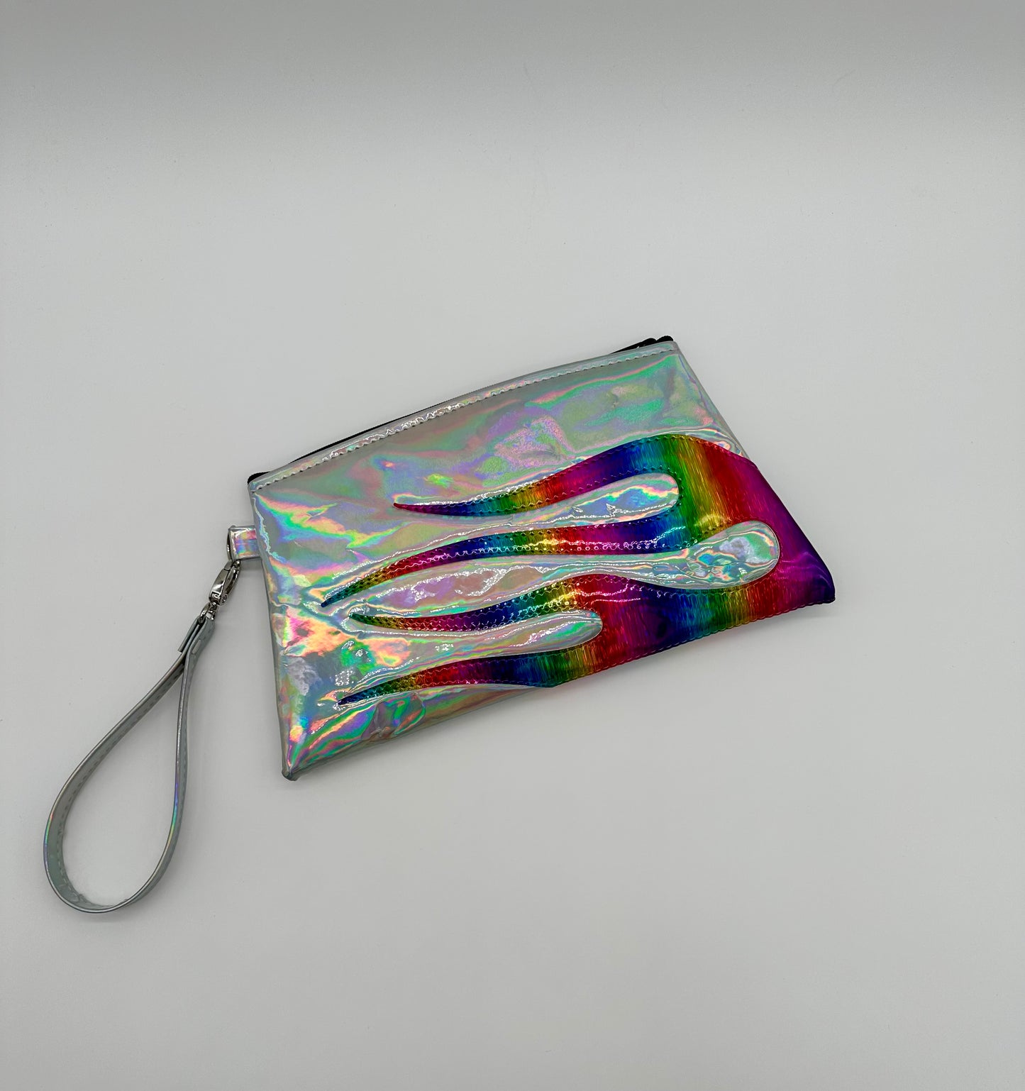 Angled Wristlet - Silver Holo - Rainbow Linear Holo Flames