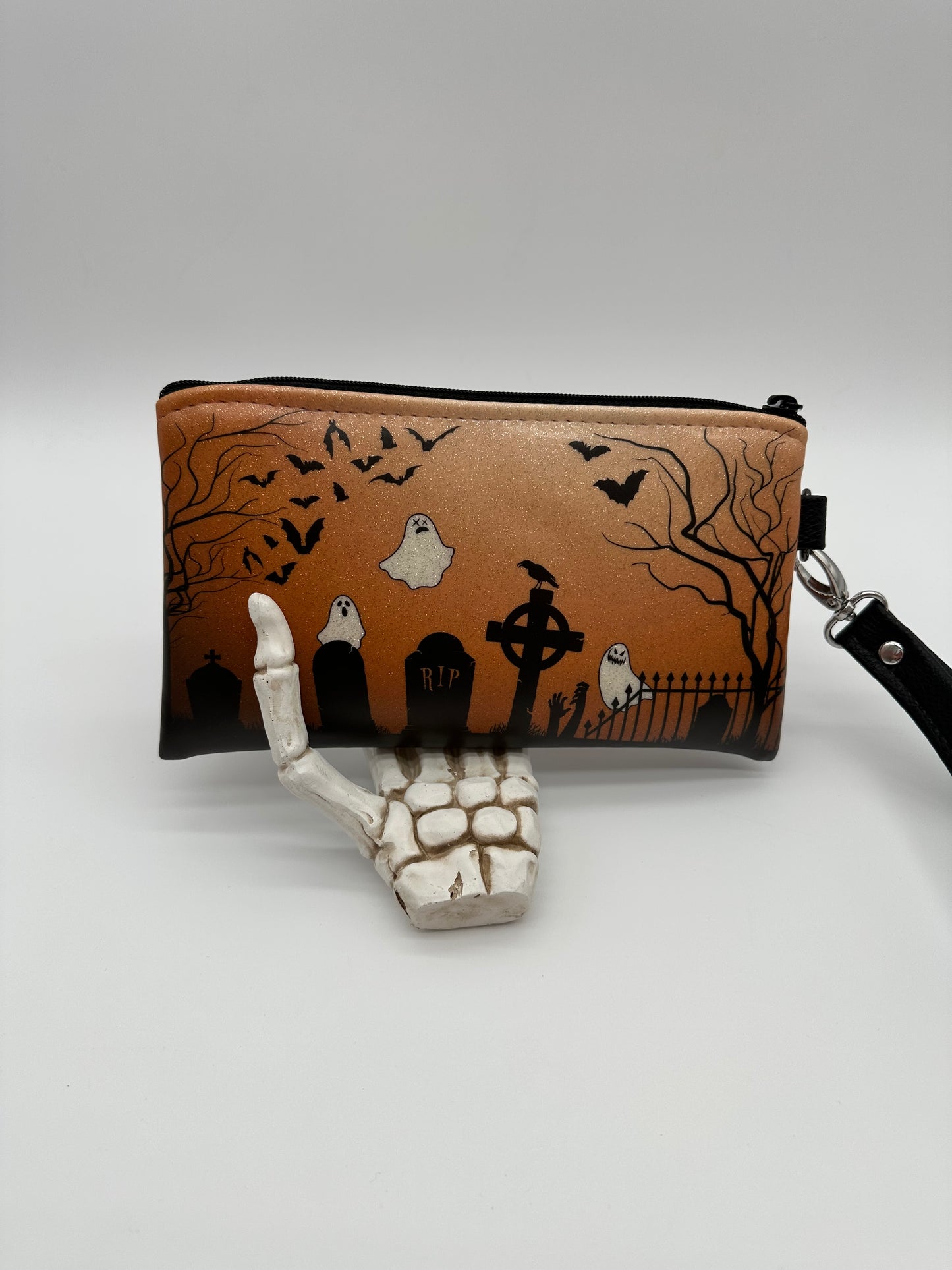 Graveyard Wristlet - Orange on White Glitter