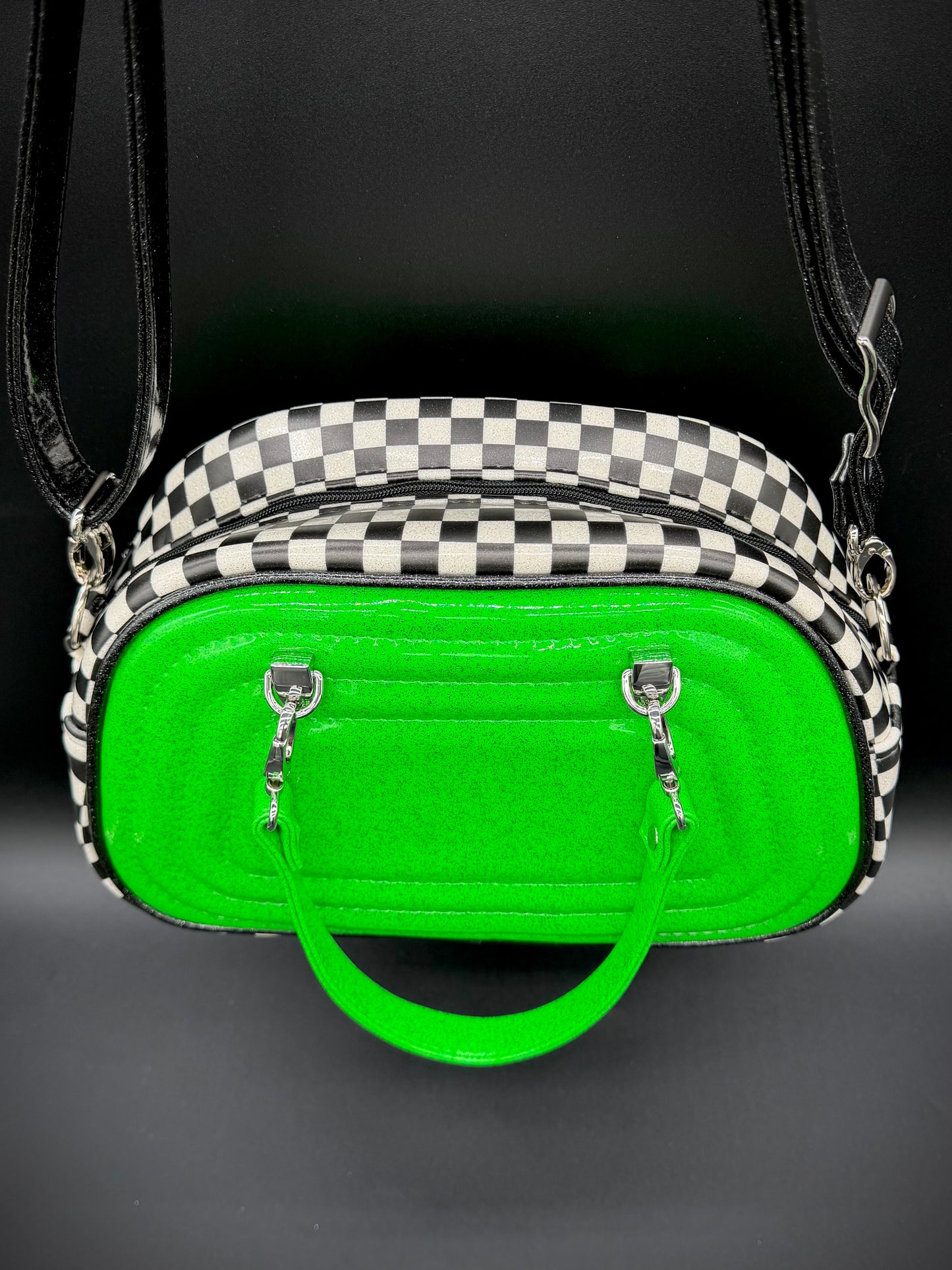 Mini Moxie - Neon Kelly Green Glitter & UV Printed Checkers