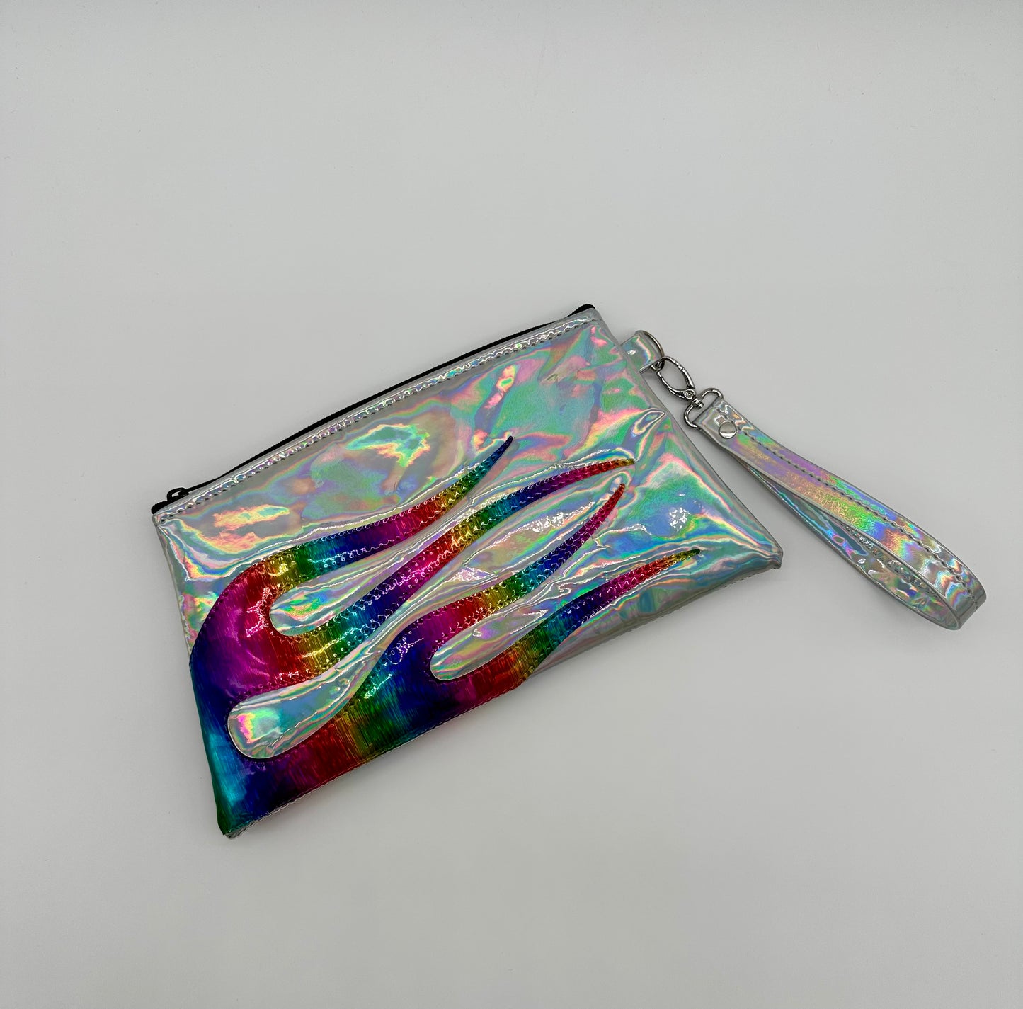 Angled Wristlet - Silver Holo - Rainbow Linear Holo Flames