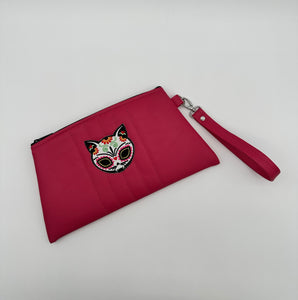 Angled Wristlet - Matte Hibiscus - Center Pleats with Cat Skull patch