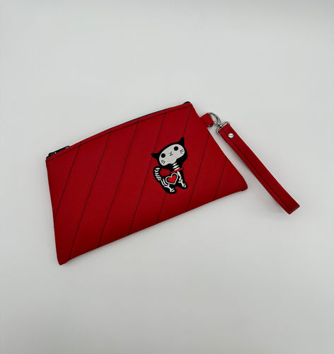 Angled Wristlet - Red Symphony - Diagonal Pleats with Cat Skeleton patch