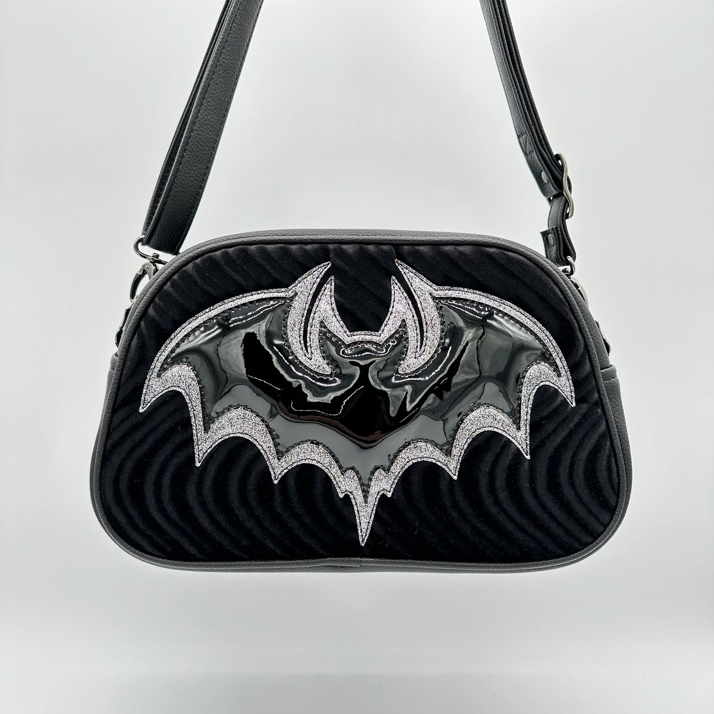 Bat Moxie - Black Swirl Velvet with Dark Silver Glitter & Black Chrome Bat