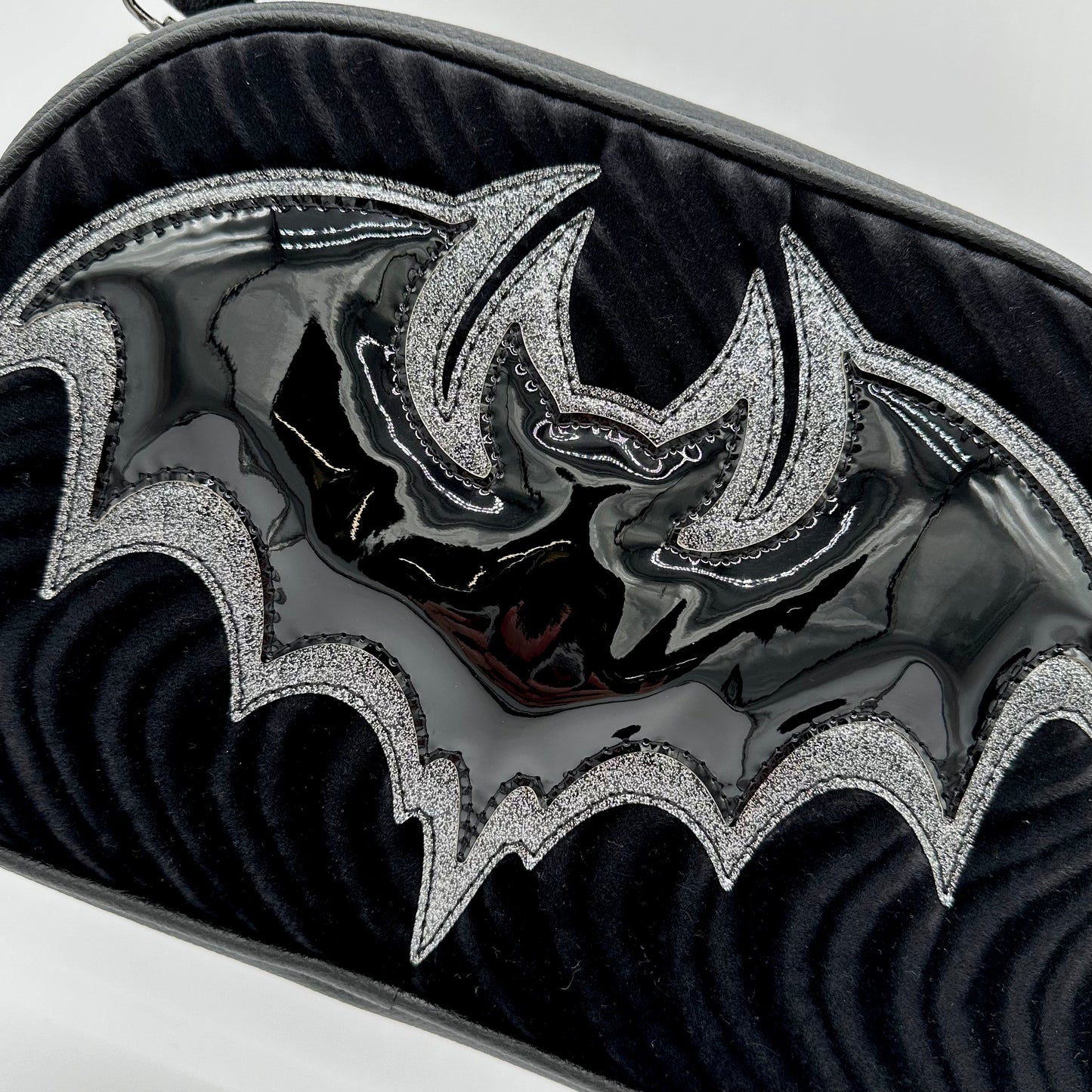 Bat Moxie - Black Swirl Velvet with Dark Silver Glitter & Black Chrome Bat