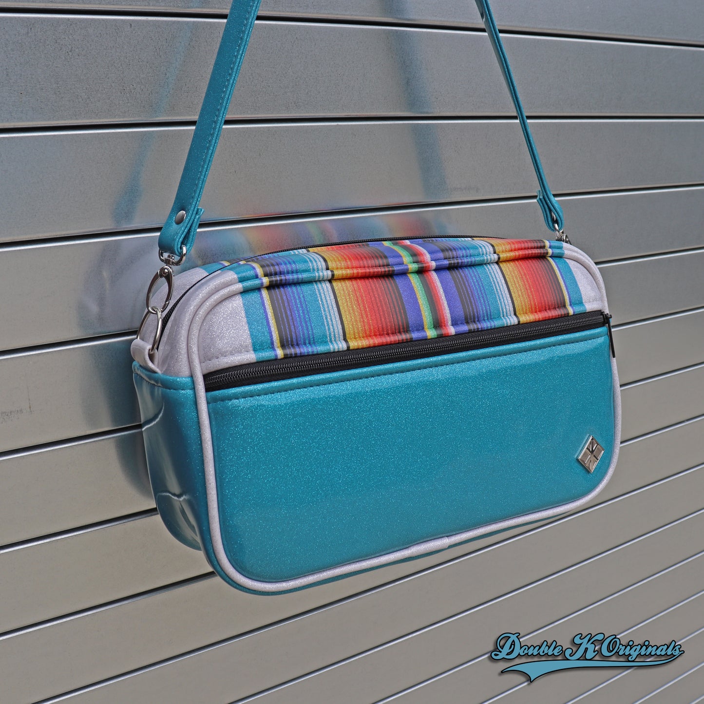 Sky Blue Mini Boxer Bag with wrap around Serape Stripes **Pre-Order