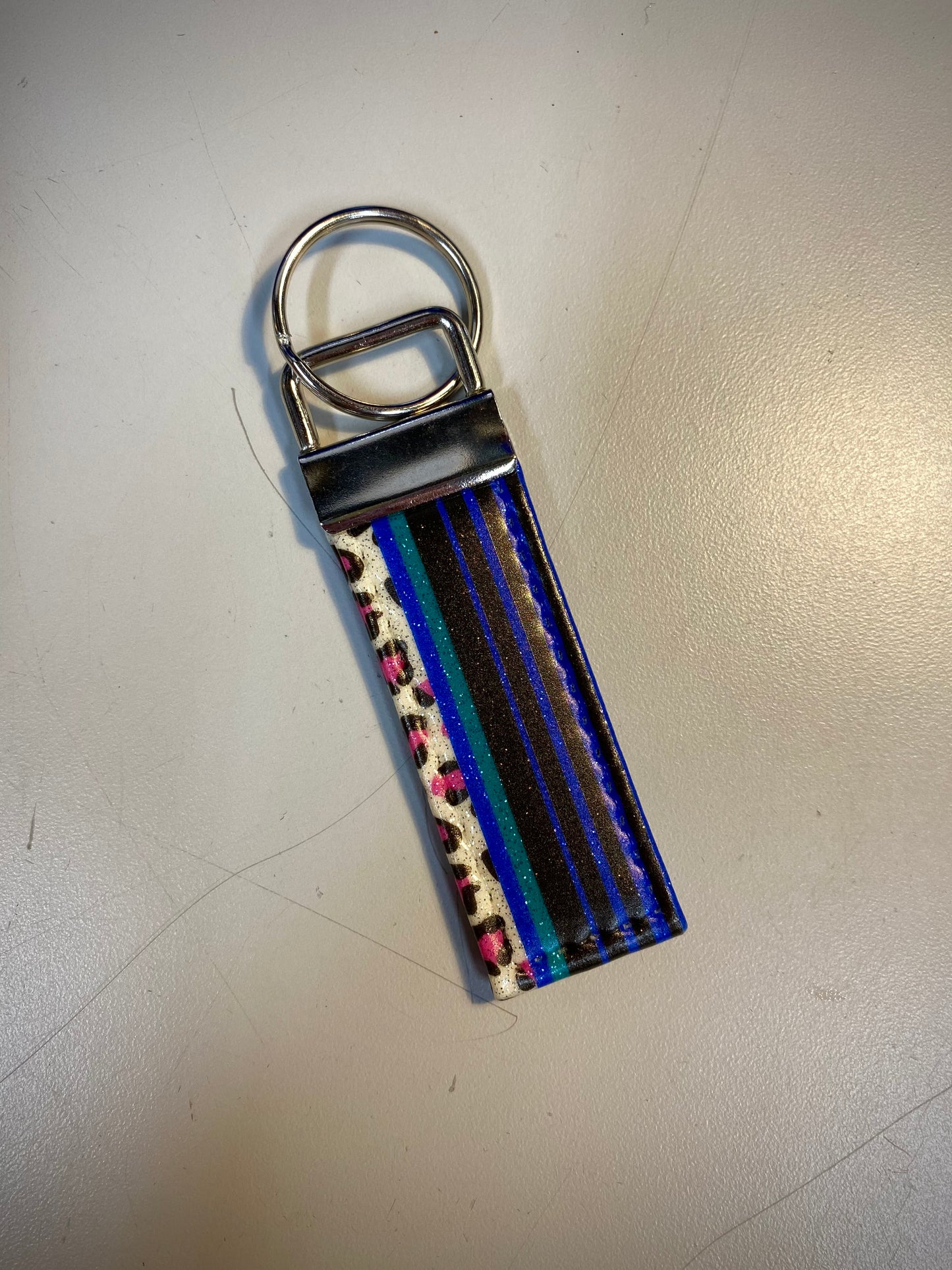 Keychain-Blue and Black Stripes with Pink Leopard