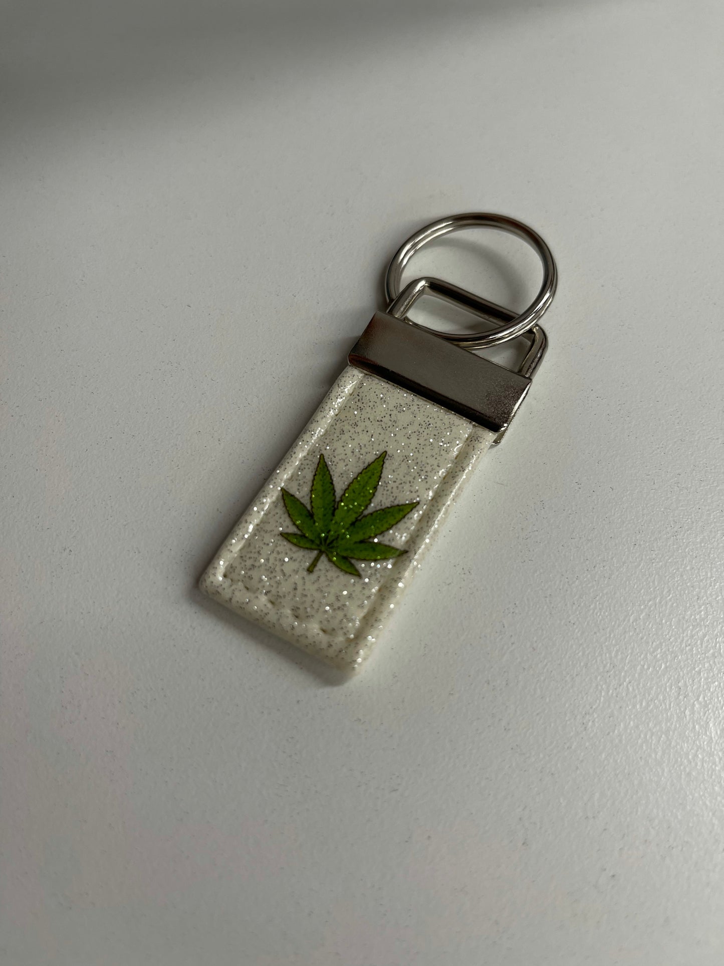 420 Keychain - White Glitter - Nickel Hardware