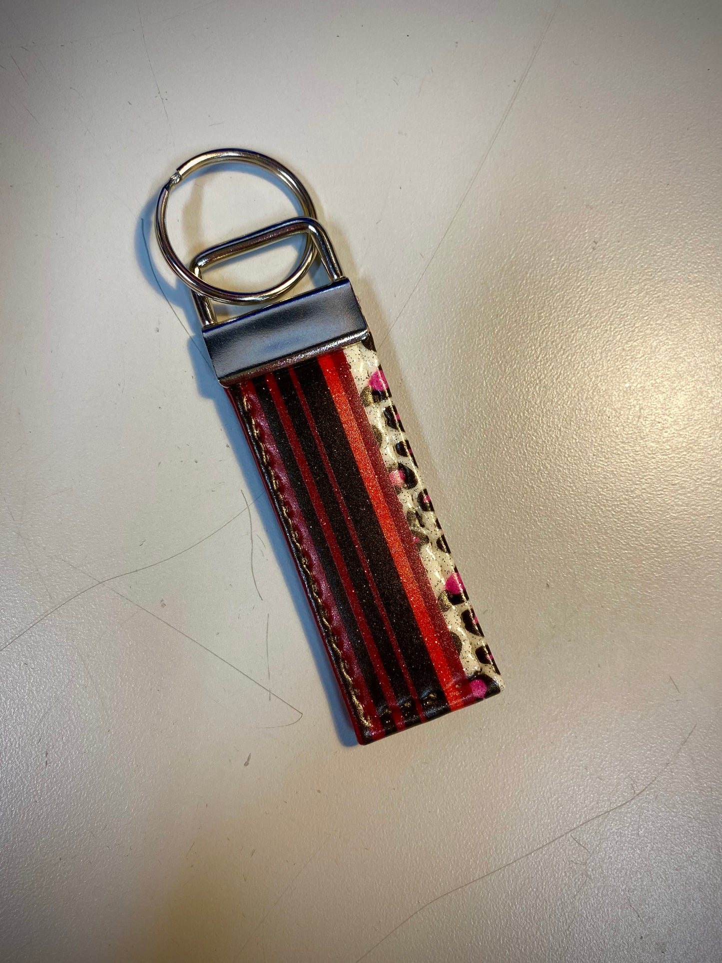 Keychain-Red and Black Stripes with Pink Leopard